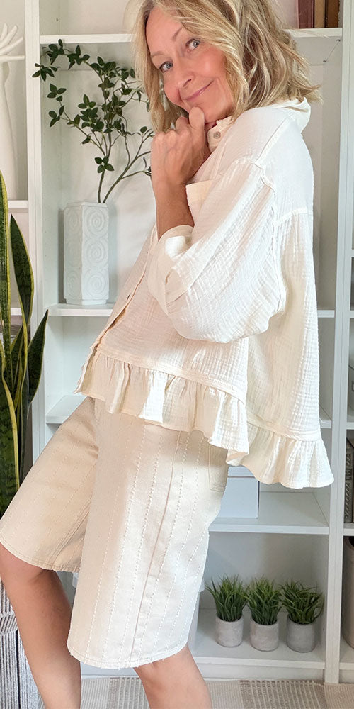 Gauzy Cotton Ruffle Hem Shirt, cream