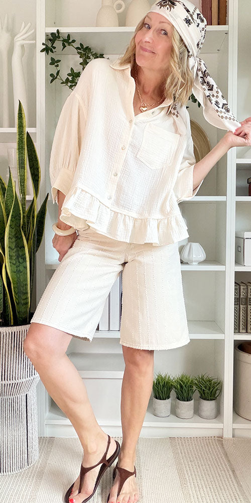 Gauzy Cotton Ruffle Hem Shirt, cream