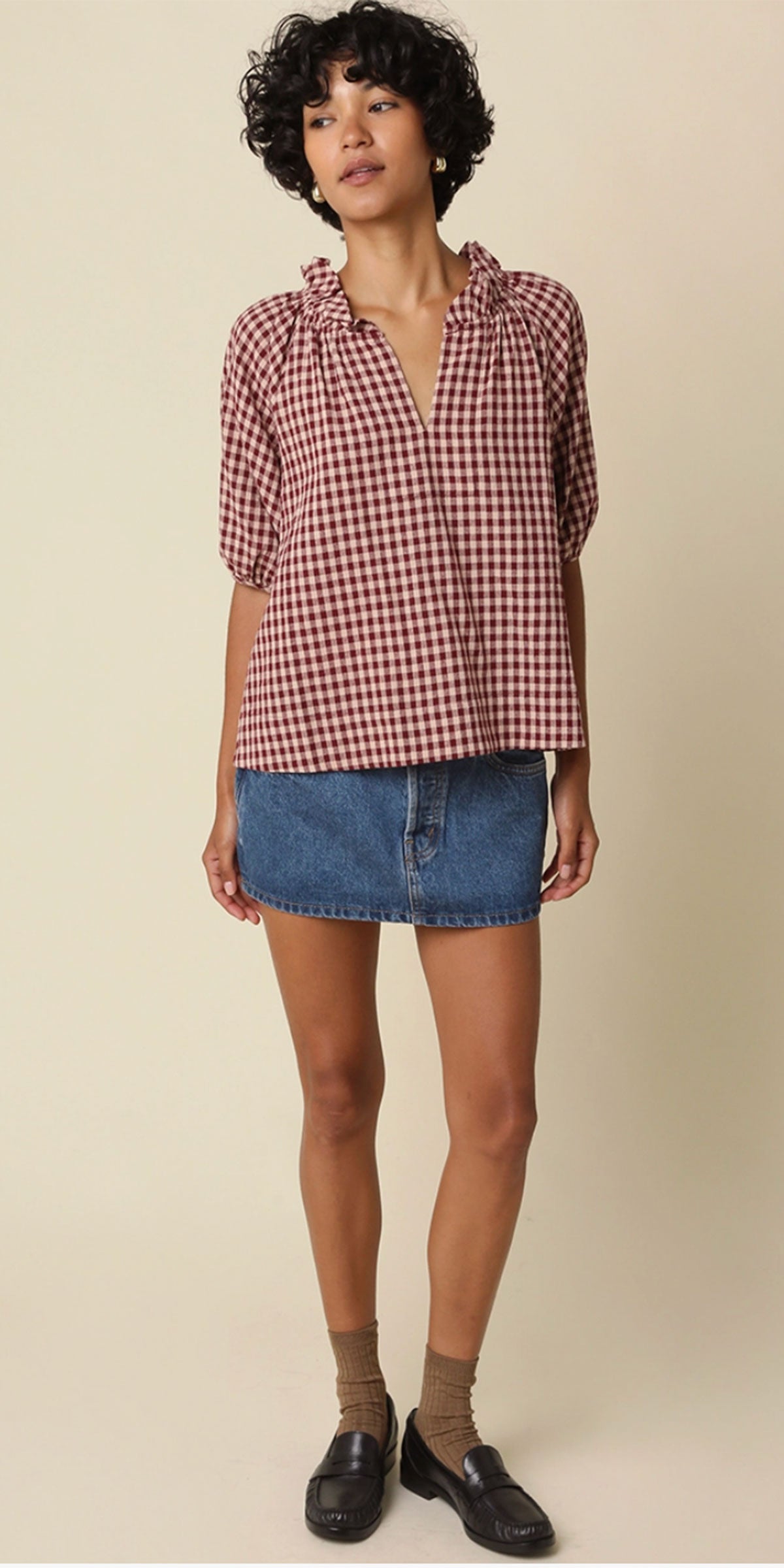 Gingham Ruffle Trim Top, burgundy
