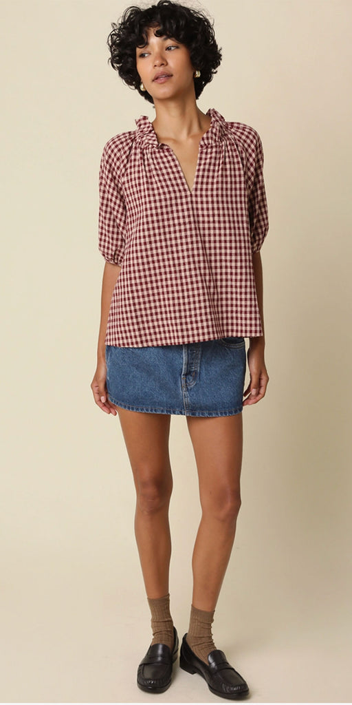 Gingham Ruffle Trim Top, burgundy