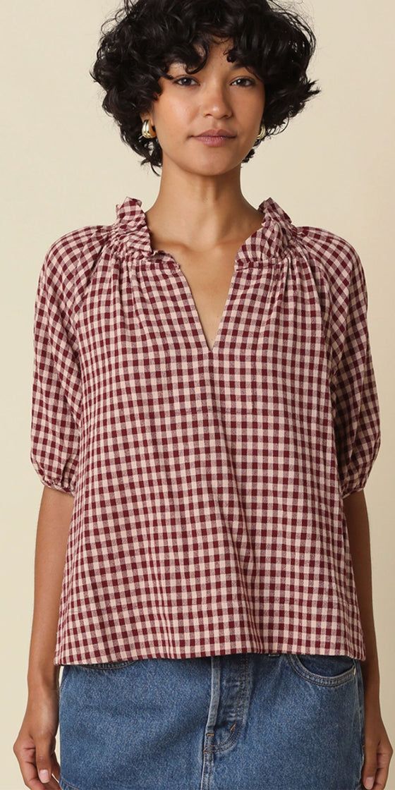Gingham Ruffle Trim Top, burgundy