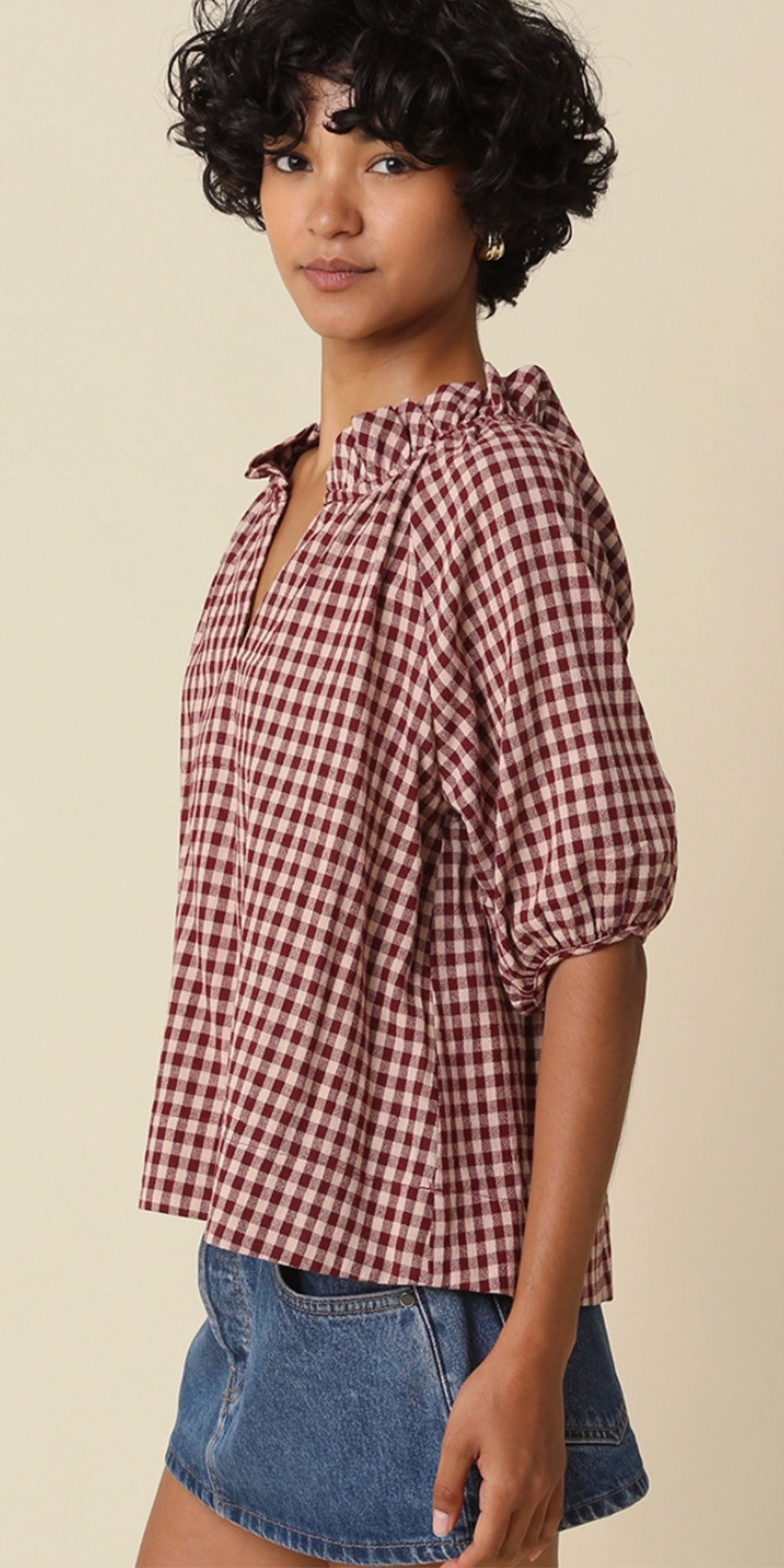Gingham Ruffle Trim Top, burgundy