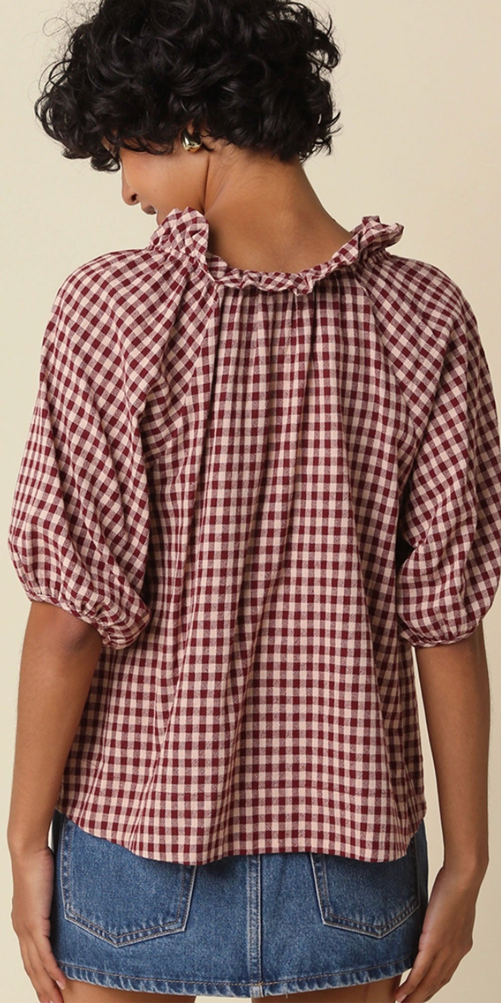 Gingham Ruffle Trim Top, burgundy