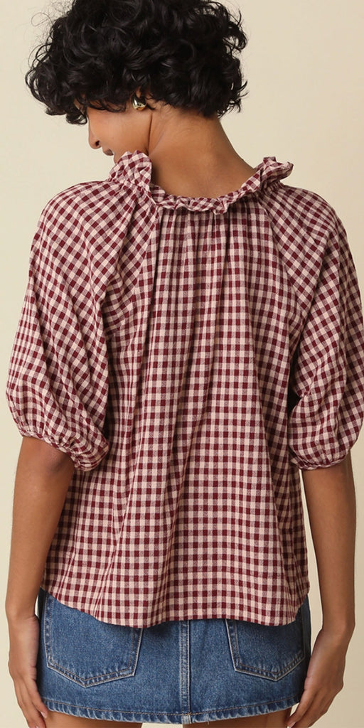 Gingham Ruffle Trim Top, burgundy