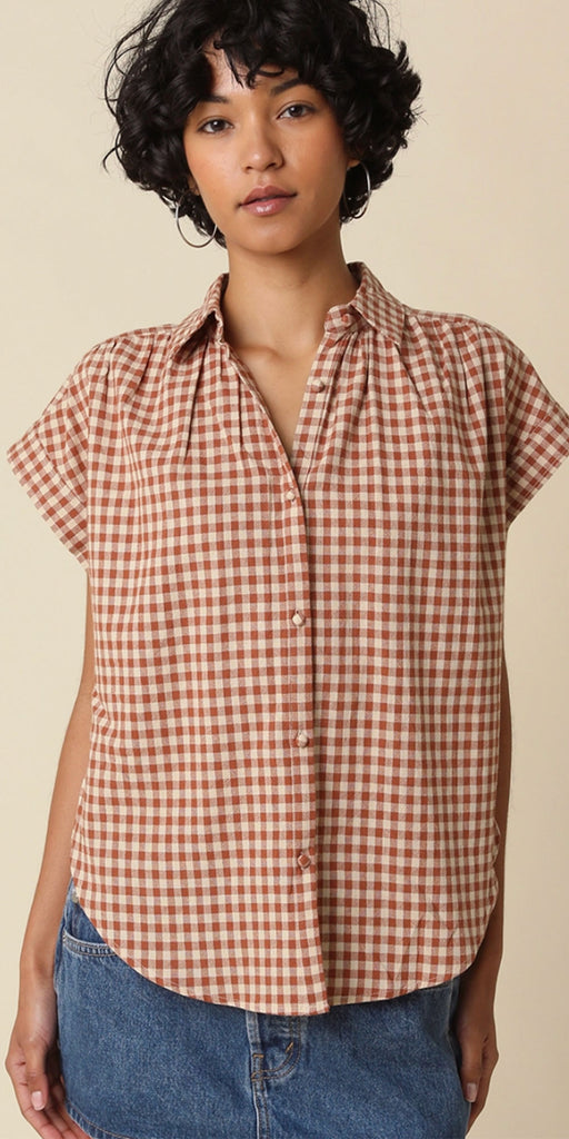 Gingham Cap Sleeve Shirt, camel