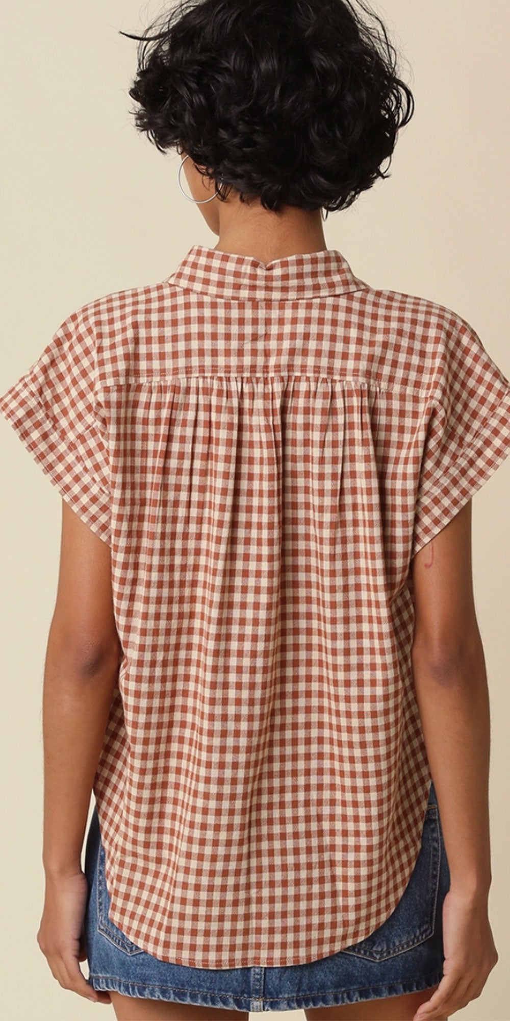 Gingham Cap Sleeve Shirt, camel