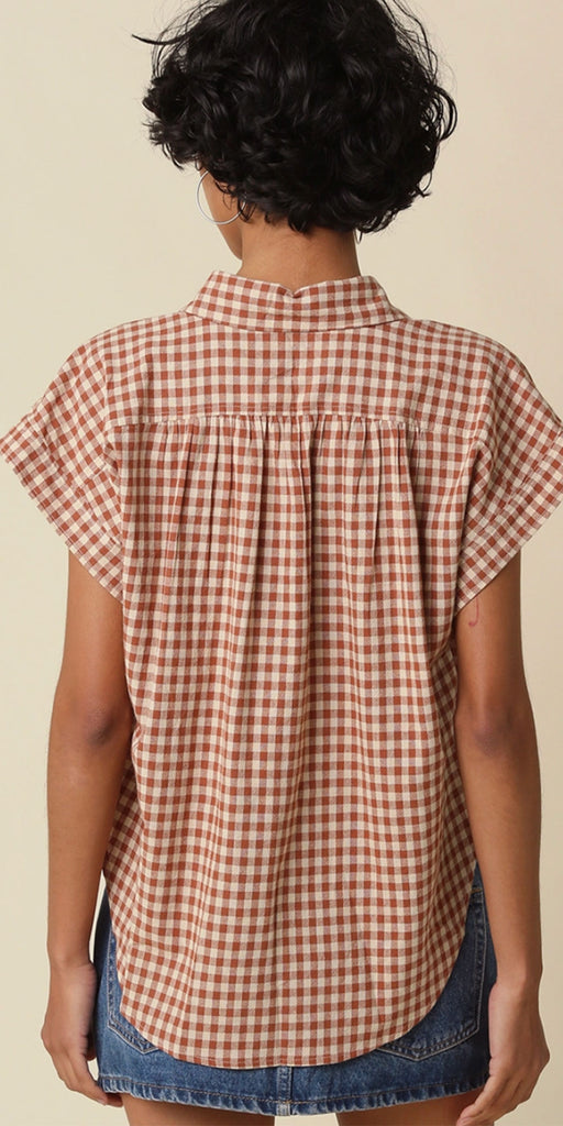 Gingham Cap Sleeve Shirt, camel