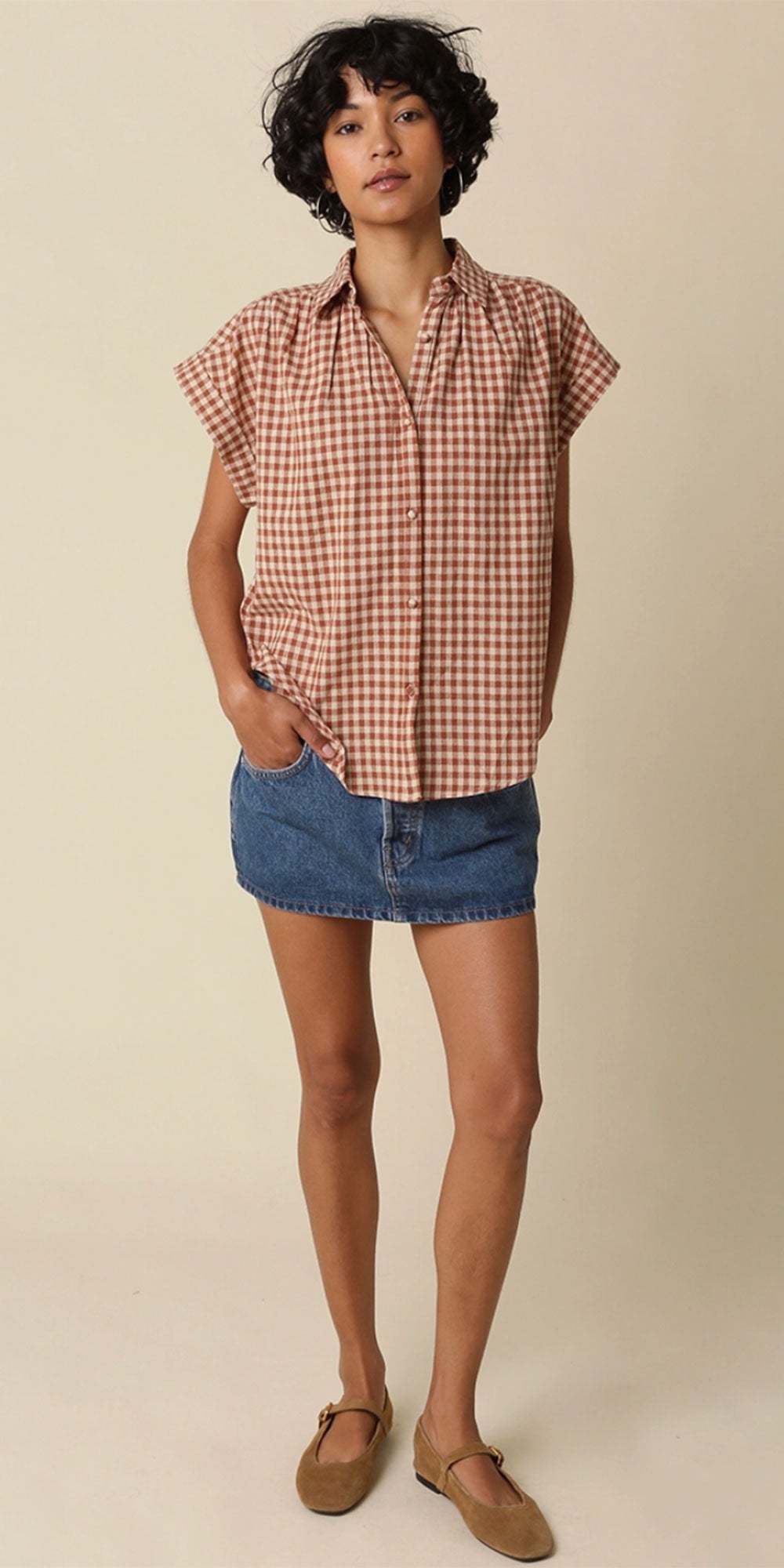 Gingham Cap Sleeve Shirt, camel