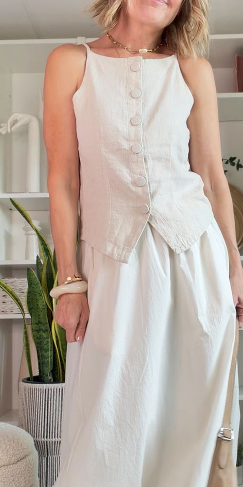 Ichi Button Front Linen Vest, natural