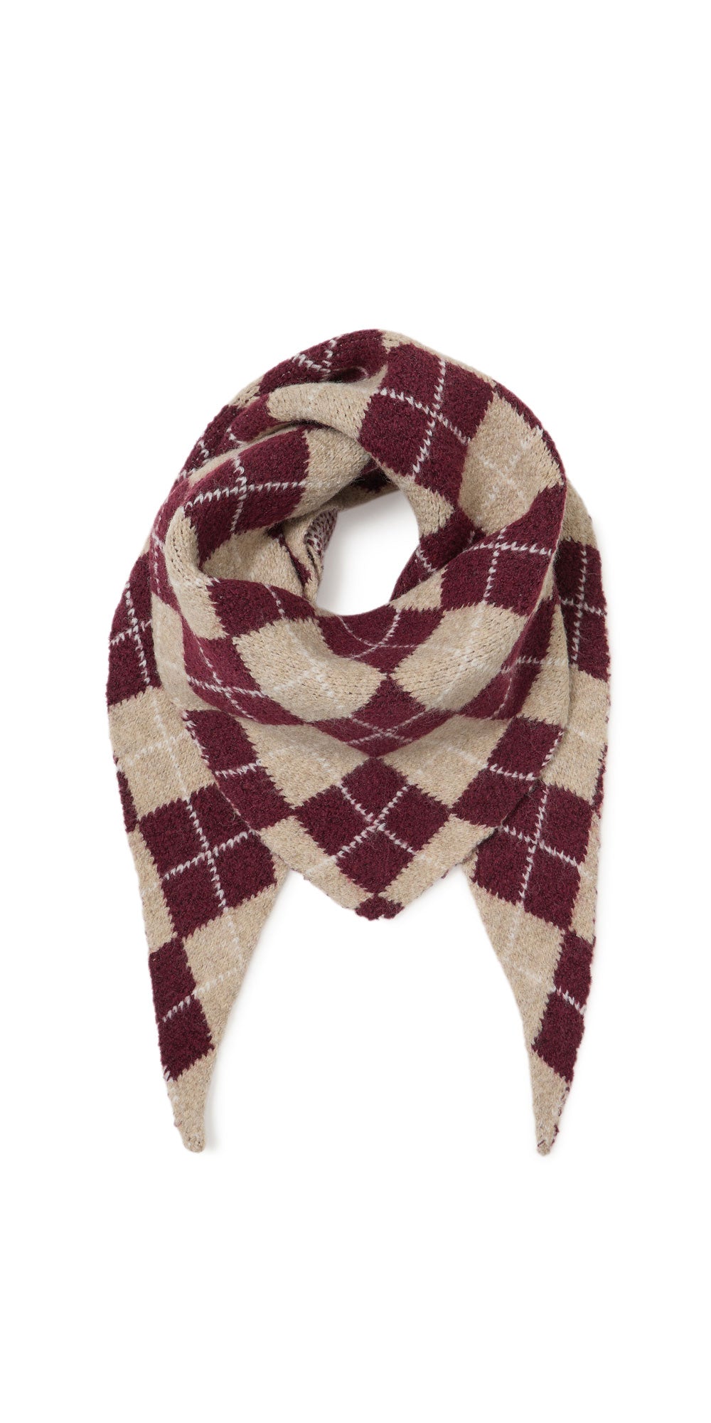 Ichi Argyle Triangle Scarf, burgundy/oatmeal