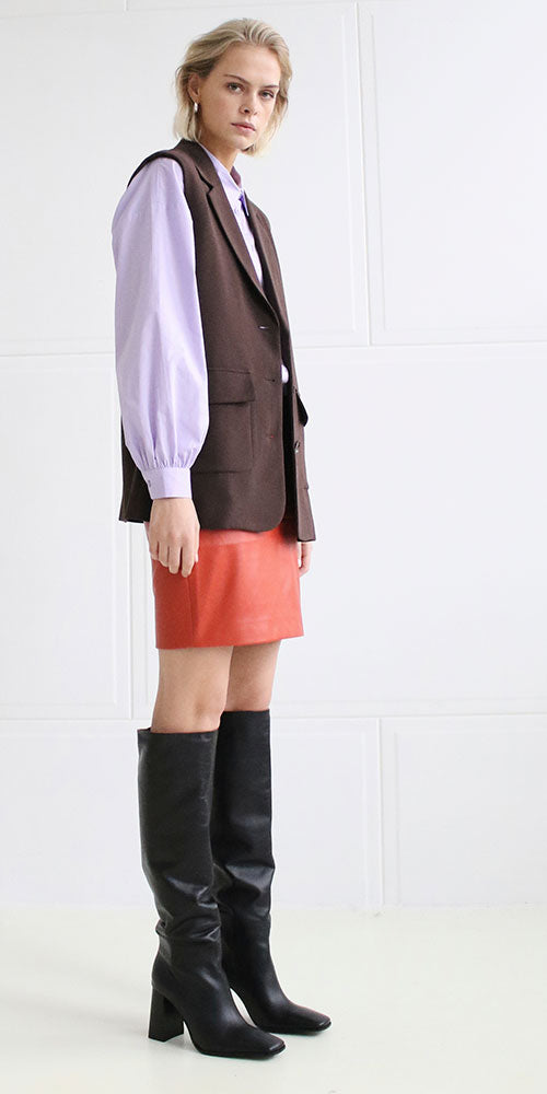 Ichi Faux Leather Skirt, rust