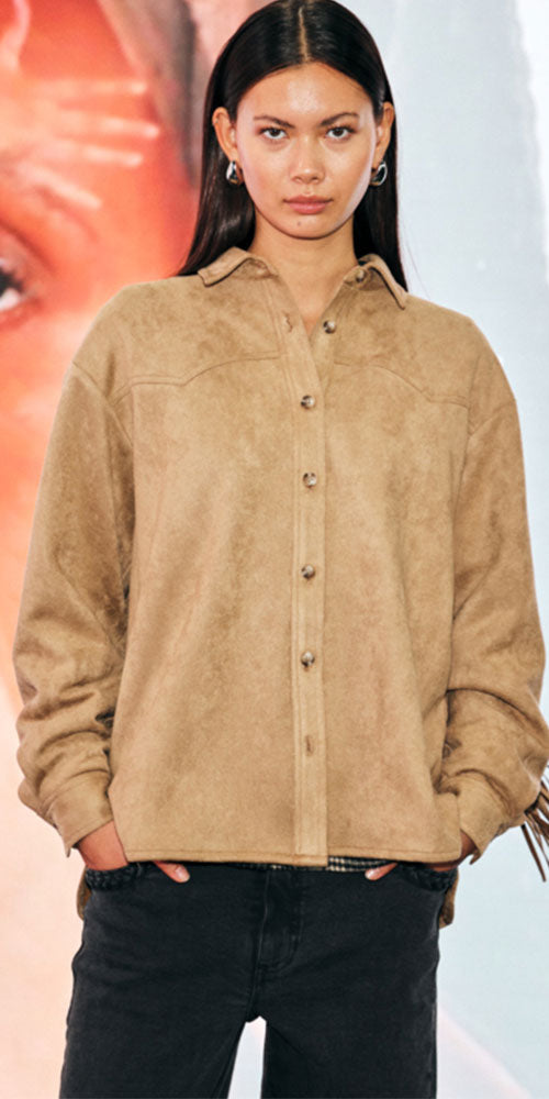 Ichi Faux Suede Fringe Shacket