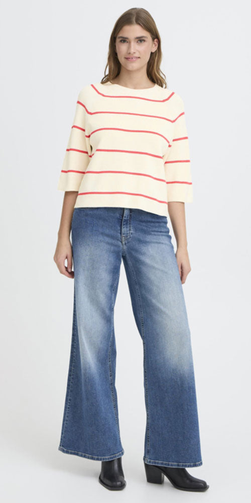 Ichi Half Sleeve Sweater, raspberry stripe