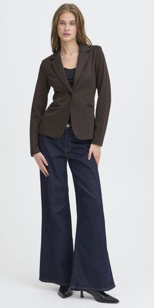 Ichi Herringbone Ponte Knit Blazer, brown/black