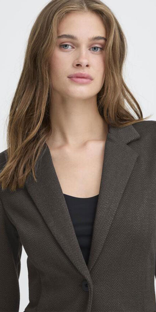 Ichi Herringbone Ponte Knit Blazer, brown/black