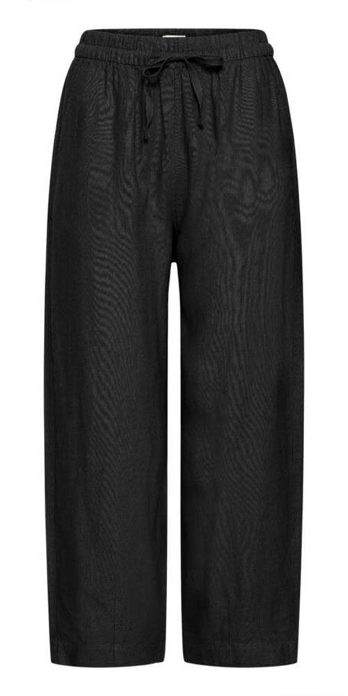 Ichi Linen Blend Barrel Leg Pant, black