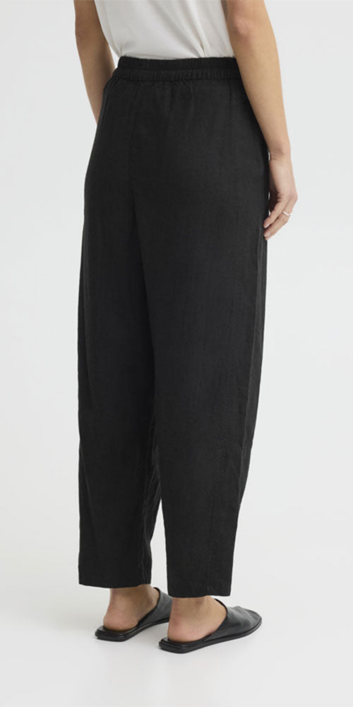 Ichi Linen Blend Barrel Leg Pant, black