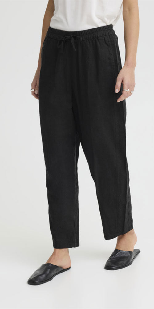Ichi Linen Blend Barrel Leg Pant, black