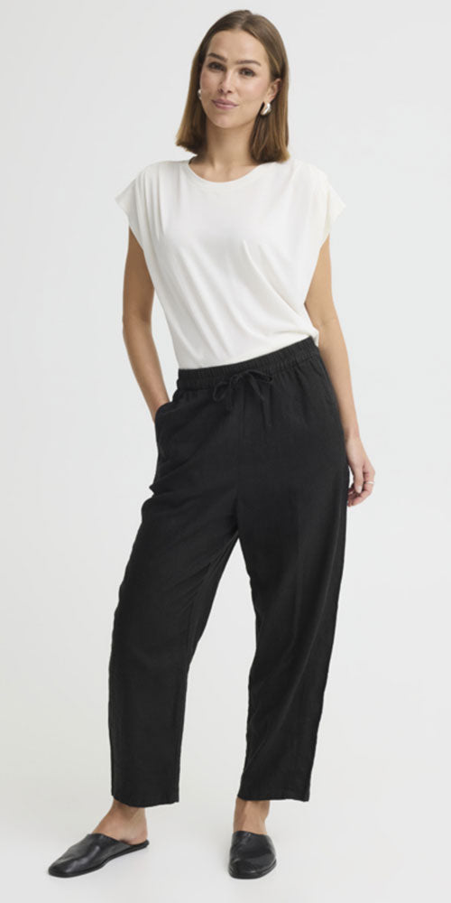 Ichi Linen Blend Barrel Leg Pant, black