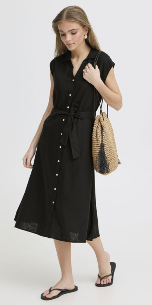 Ichi Linen Blend Shirt-Dress, black