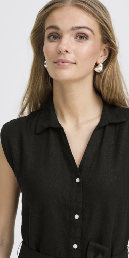 Ichi Linen Blend Shirt-Dress, black