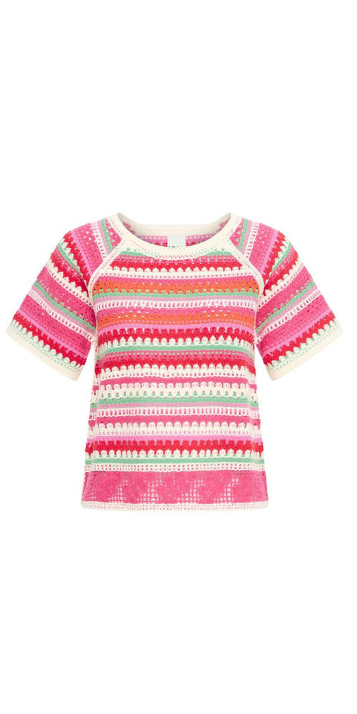 Ichi Multicoloured Crochet Top, pink trim