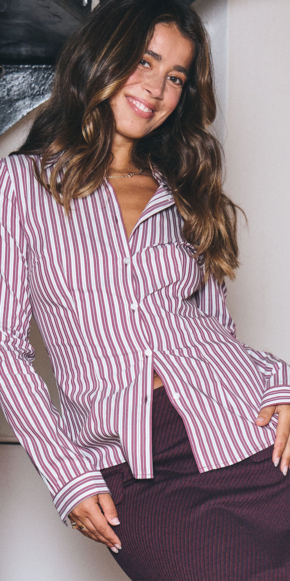 Ichi Semi-fitted Button Shirt, magenta stripe