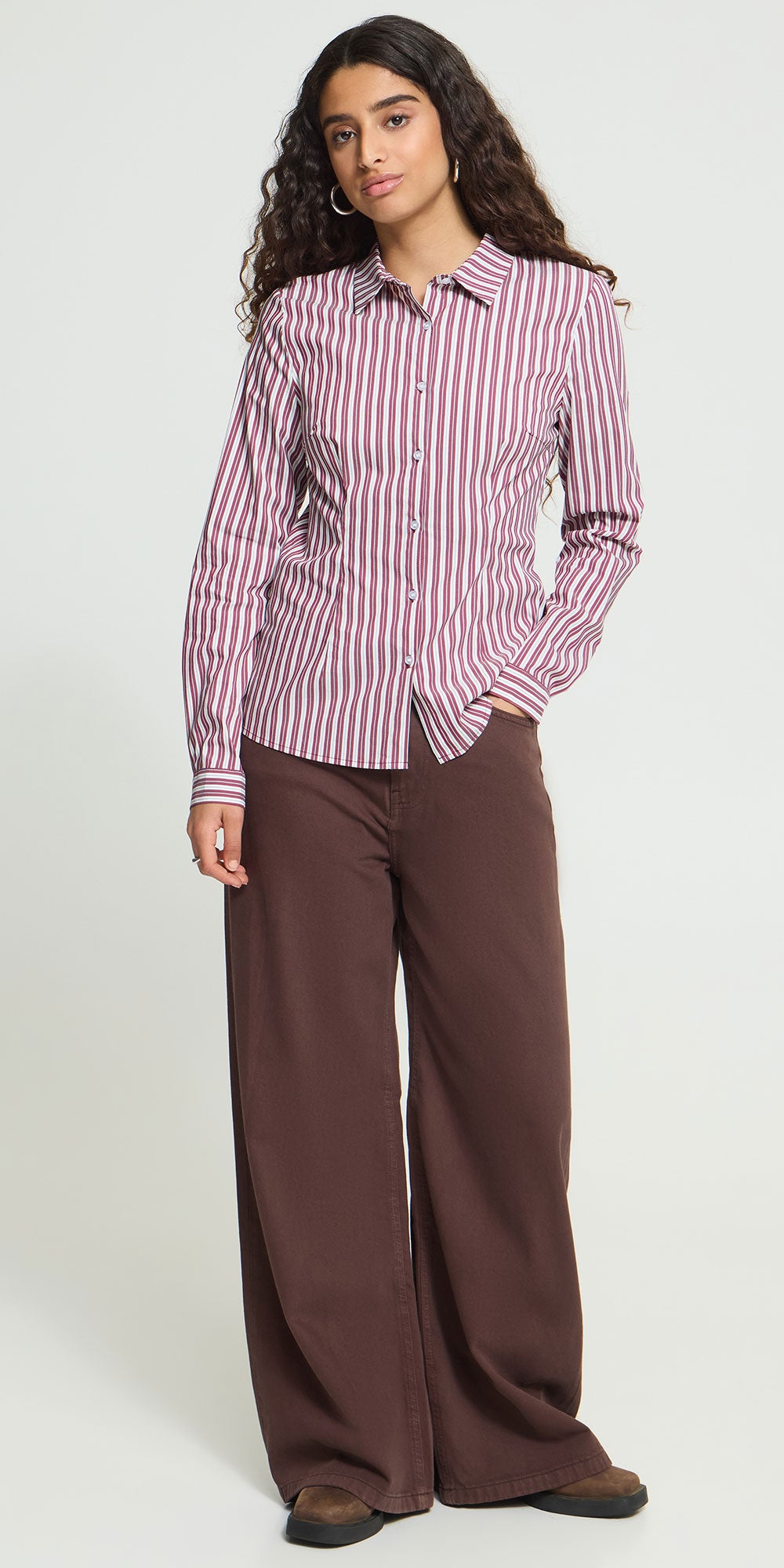 Ichi Semi-fitted Button Shirt, magenta stripe