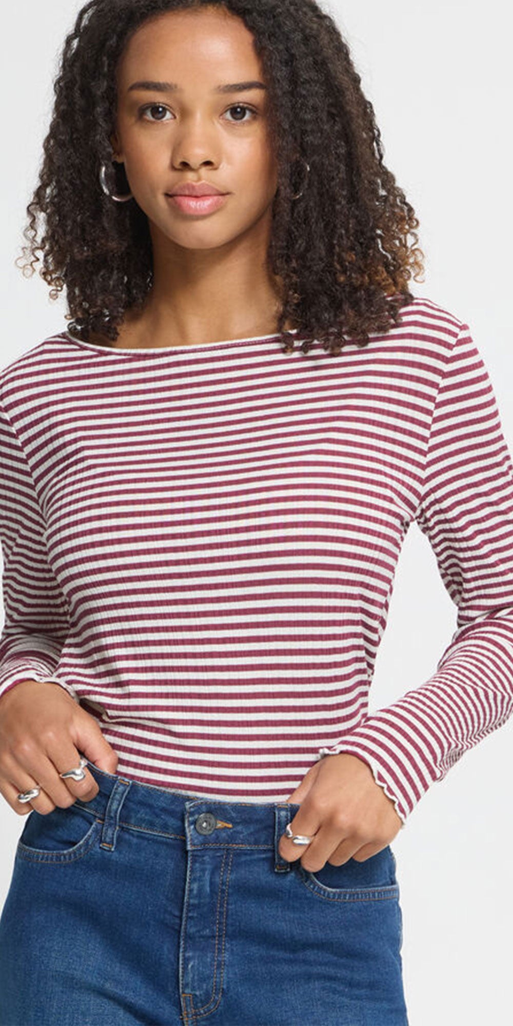 Ichi Striped Lettuce Edge Top, magenta/cloud