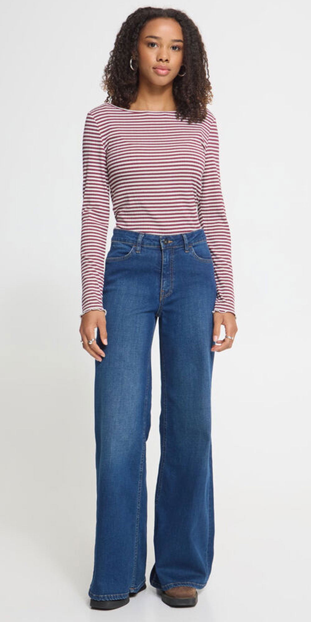 Ichi Striped Lettuce Edge Top, magenta/cloud