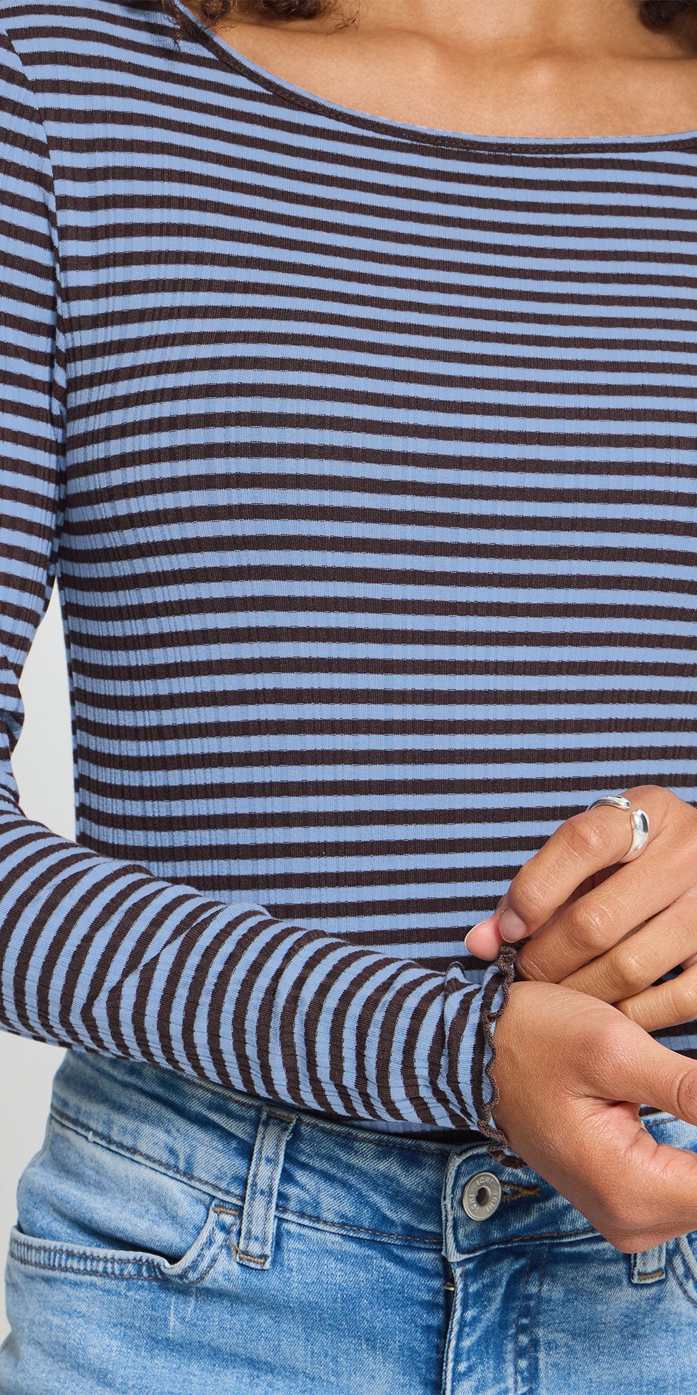 Ichi Striped Lettuce Edge Top, blue/brown