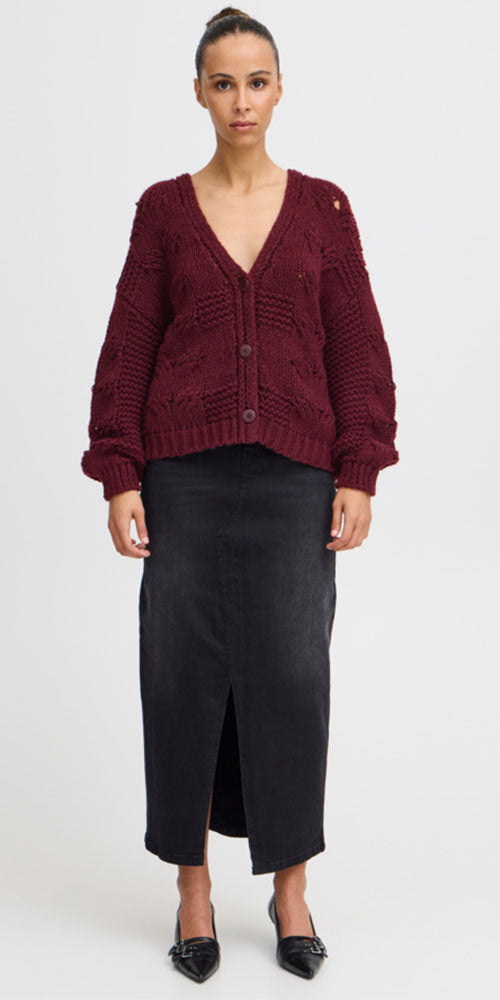 Ichi Textural Knit Cardy, wine