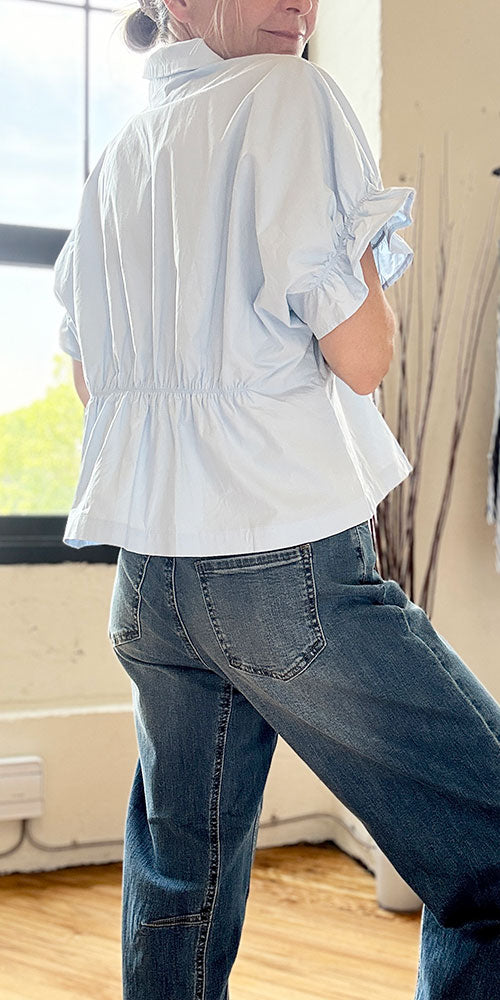 Ichi Ruched Poplin Blouse, light blue