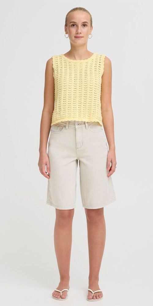 Ichi Wavy Knit Tie Top, butter yellow