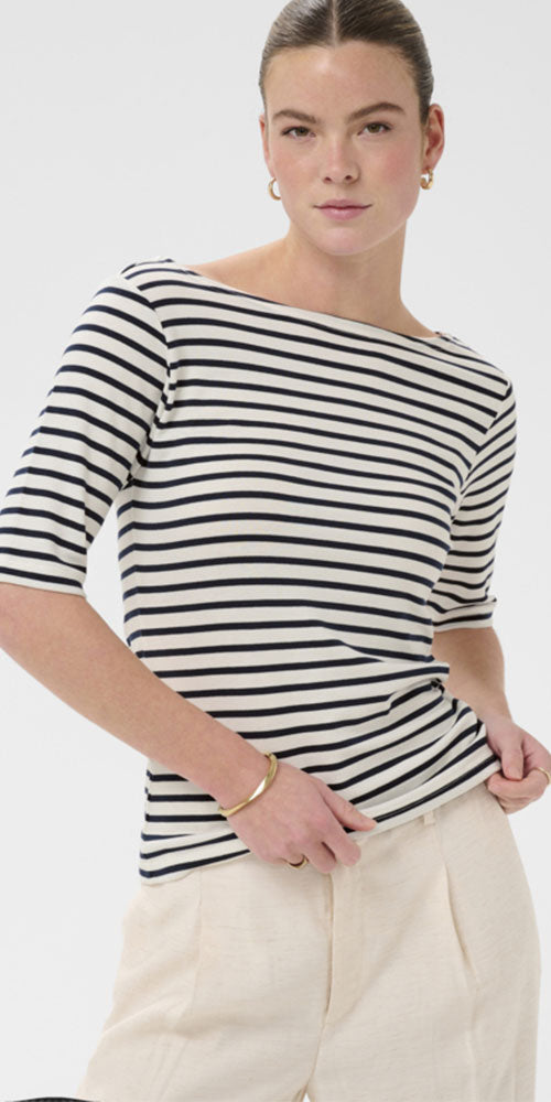 Kaffe Fitted Boatneck Top, navy stripe