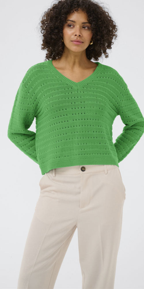 Kaffe Eyelet Knit V-neck Sweater, green