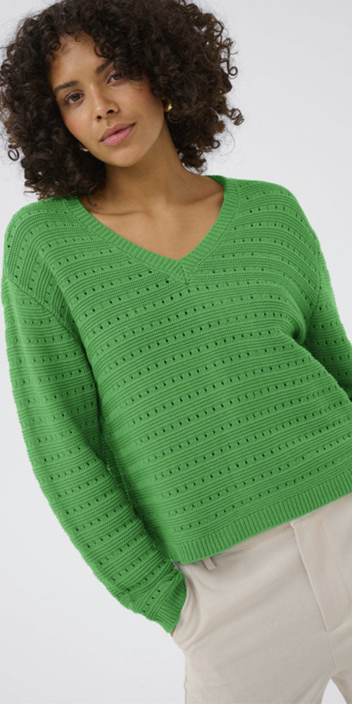 Kaffe Eyelet Knit V-neck Sweater, green