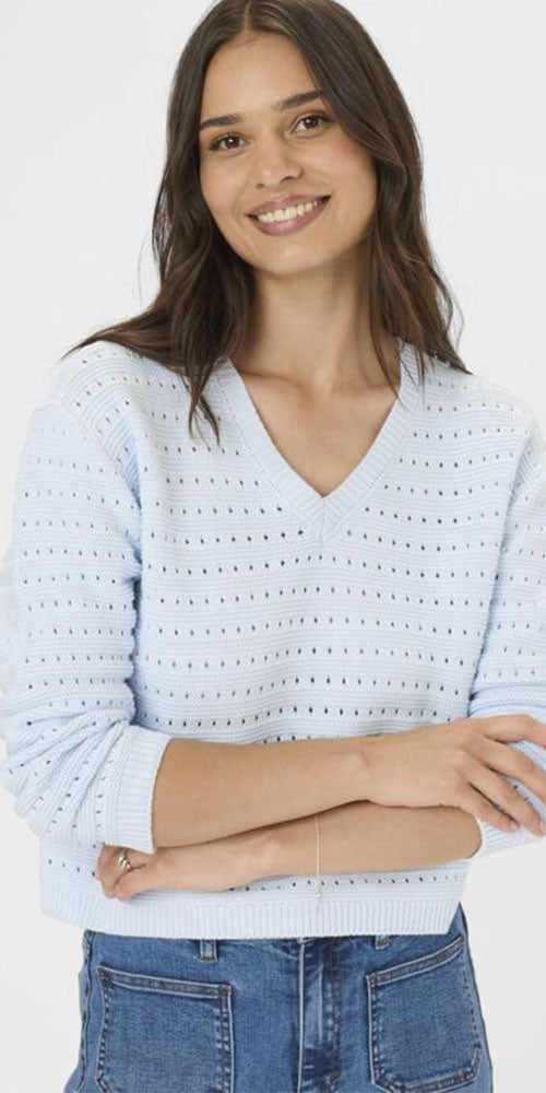 Kaffe Eyelet Knit V-neck Sweater, sky blue