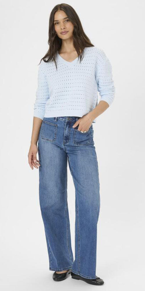 Kaffe Eyelet Knit V-neck Sweater, light blue