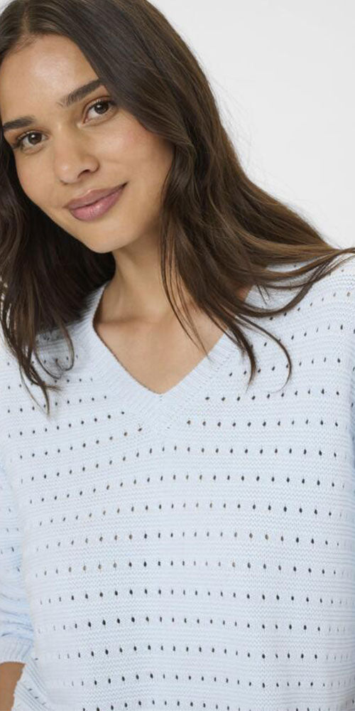 Kaffe Eyelet Knit V-neck Sweater, sky blue