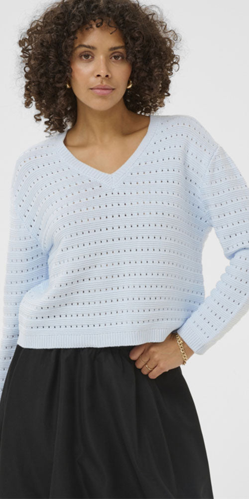 Kaffe Eyelet Knit V-neck Sweater, light blue
