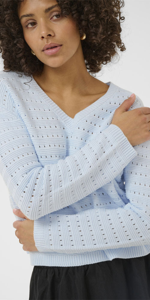 Kaffe Eyelet Knit V-neck Sweater, sky blue