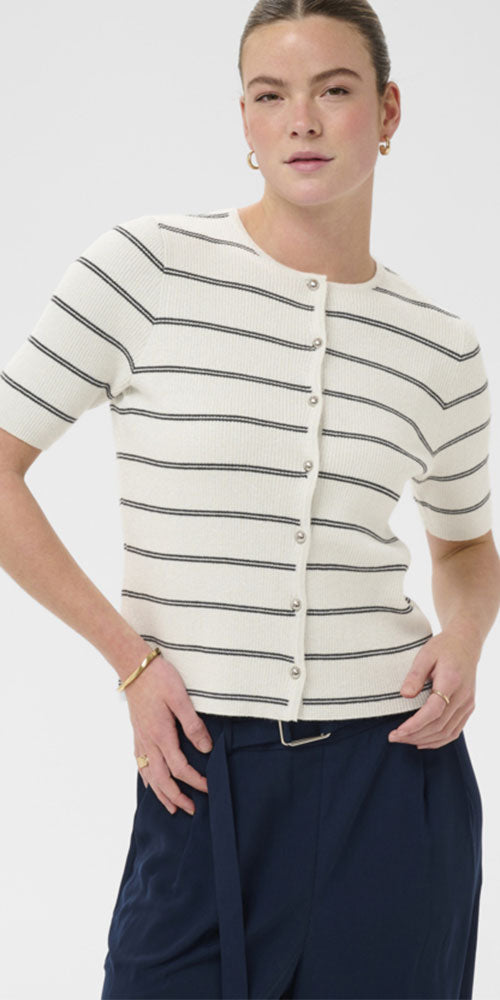 Kaffe Striped Lurex Knit Cardy, silver/navy