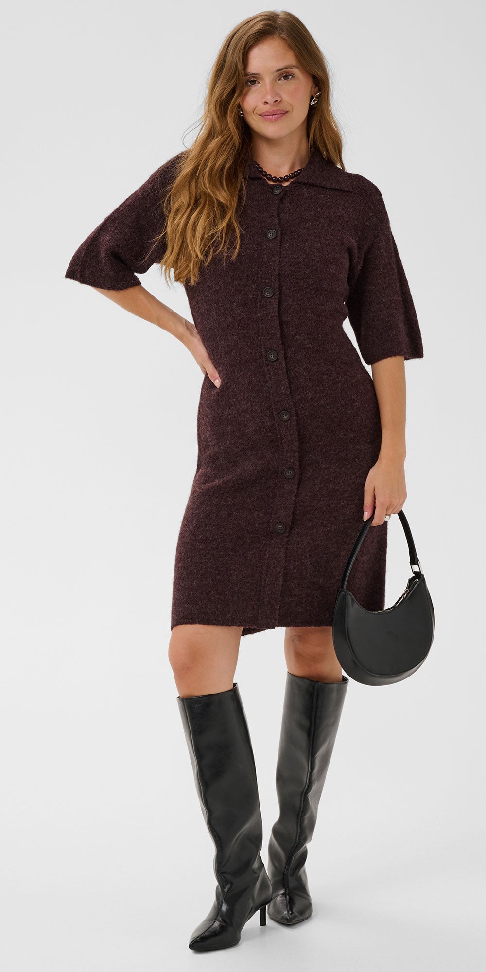 Kaffe Polo Sweater Dress, dark plum