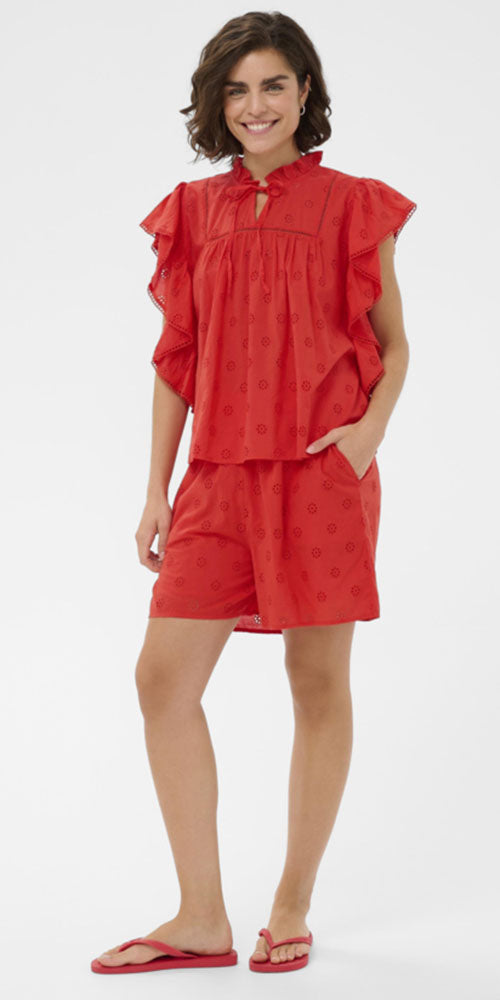 Kaffe Cotton Eyelet Shorts, poppy red