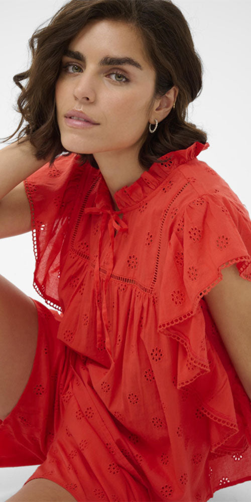 Kaffe Cotton Eyelet Flutter Blouse, poppy red
