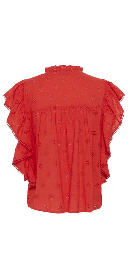 Kaffe Cotton Eyelet Flutter Blouse, poppy red