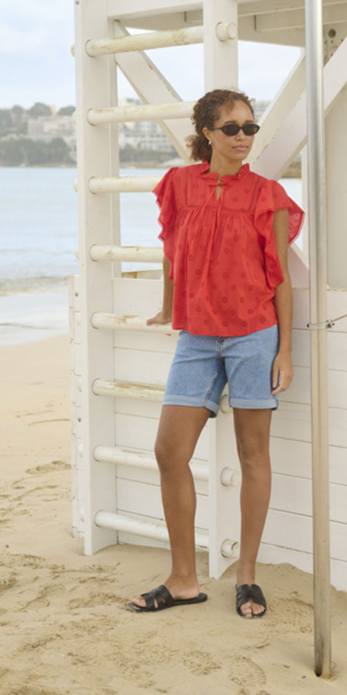 Kaffe Cotton Eyelet Flutter Blouse, poppy red