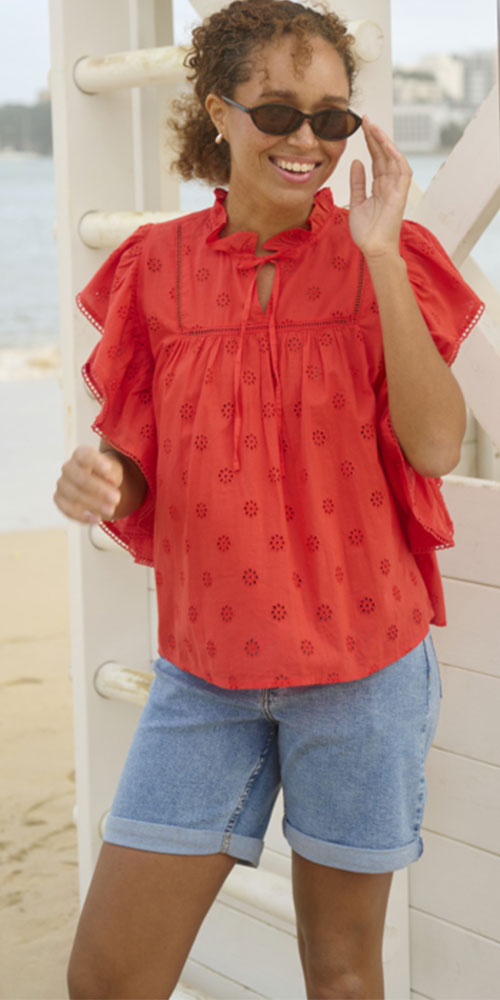 Kaffe Cotton Eyelet Flutter Blouse, poppy red