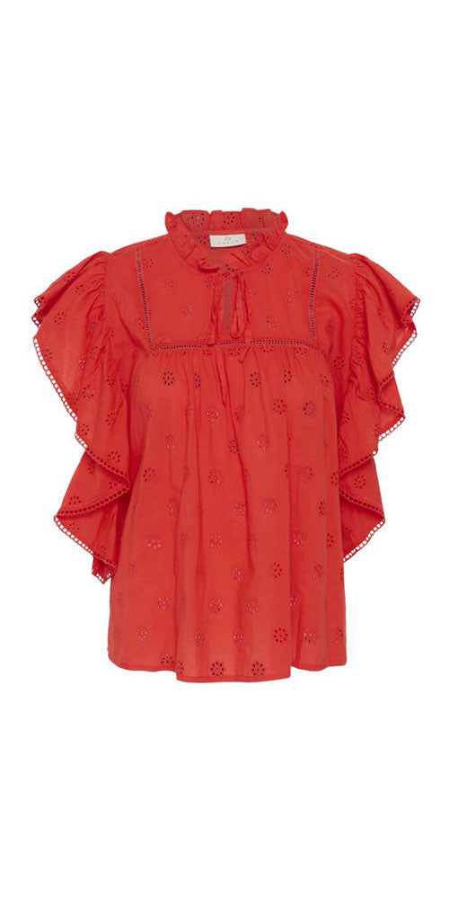 Kaffe Cotton Eyelet Flutter Blouse, poppy red